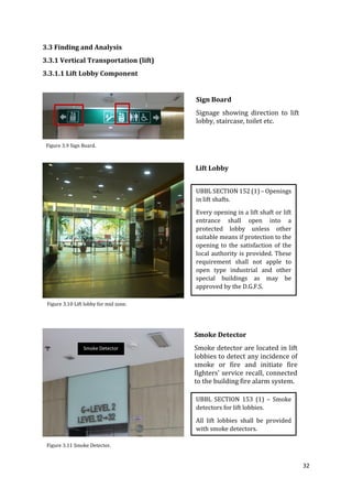 32
3.3 Finding and Analysis
3.3.1 Vertical Transportation (lift)
3.3.1.1 Lift Lobby Component
UBBL SECTION 153 (1) – Smoke
detectors for lift lobbies.
All lift lobbies shall be provided
with smoke detectors.
Smoke Detector
Smoke Detector
Smoke detector are located in lift
lobbies to detect any incidence of
smoke or fire and initiate fire
fighters' service recall, connected
to the building fire alarm system.
Sign Board
Signage showing direction to lift
lobby, staircase, toilet etc.
Lift Lobby
UBBL SECTION 152 (1) – Openings
in lift shafts.
Every opening in a lift shaft or lift
entrance shall open into a
protected lobby unless other
suitable means if protection to the
opening to the satisfaction of the
local authority is provided. These
requirement shall not apple to
open type industrial and other
special buildings as may be
approved by the D.G.F.S.
Figure 3.10 Lift lobby for mid zone.
Figure 3.11 Smoke Detector.
Figure 3.9 Sign Board.
 