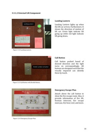 33
3.3.1.2 External Lift Component
Braille number on button
Landing Lantern
Landing Lantern
Landing Lantern lights up when
the lift car arrives. Furthermore. It
shows the direction of motion of
lift car. Green light indicate lift
going up while red light indicate
lift going down.
Call Button
Call button pushed based of
desired direction and the light
turns on correspondingly. All
buttons are designed such that the
visually impaired can identify
them by touch.
Figure 3.13 Call Button with Braille Button.
Figure 3.12 Landing Lantern.
Figure 3.14 Emergency Escape Plan.
Emergency Escape Plan
Attach above the call button to
show the fire escape route. Also, it
provide information of fire lift,
fireman intercom, fire escape
staircase, fire hose-reel, and more.
 