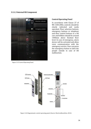 34
3.3.1.3 Internal lift Component
Figure 3.16 Diagrammatic control operating panel. (Source: ElectricalKnowHow, 2014)
Figure 3.15 Control Operating Panel.
Direction indicator
Floor Button
Emergency button
Control Operating Panel
In accordance with Clause 27 of
MS 1184:2002, controls should be
clearly indicated and easily
operated. Floor selection buttons,
emergency buttons or telephone
and door control buttons in a lift
cars and lobbies should be around
1400mm above finished floor
level. In case of emergency, alarm
device will be activated and allow
voice communication with the
emergency service. User can press
the emergency button to alert the
people outside in case of lift
malfunction.
 