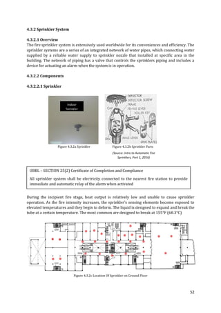 52
4.3.2 Sprinkler System
4.3.2.1 Overview
The fire sprinkler system is extensively used worldwide for its conveniences and efficiency. The
sprinkler systems are a series of an integrated network of water pipes, which connecting water
supplied by a reliable water supply to sprinkler nozzle that installed at specific area in the
building. The network of piping has a valve that controls the sprinklers piping and includes a
device for actuating an alarm when the system is in operation.
4.3.2.2 Components
4.3.2.2.1 Sprinkler
Figure 4.3.2a Sprinkler Figure 4.3.2b Sprinkler Parts
During the incipient fire stage, heat output is relatively low and unable to cause sprinkler
operation. As the fire intensity increases, the sprinkler’s sensing elements become exposed to
elevated temperatures and they begin to deform. The liquid is designed to expand and break the
tube at a certain temperature. The most common are designed to break at 155°F (68.3°C)
Figure 4.3.2c Location Of Sprinkler on Ground Floor
UBBL – SECTION 25(2) Certificate of Completion and Compliance
All sprinkler system shall be electricity connected to the nearest fire station to provide
immediate and automatic relay of the alarm when activated
(Source: Intro to Automatic Fire
Sprinklers, Part 1, 2016)
Indoor
Sprinkler
 