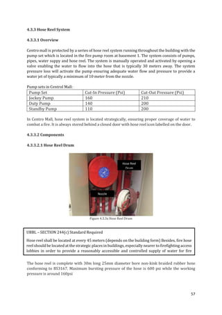 57
4.3.3 Hose Reel System
4.3.3.1 Overview
Centro mall is protected by a series of hose reel system running throughout the building with the
pump set which is located in the fire pump room at basement 1. The system consists of pumps,
pipes, water suppy and hose reel. The system is manually operated and activated by opening a
valve enabling the water to flow into the hose that is typically 30 meters away. The system
pressure loss will activate the pump ensuring adequate water flow and pressure to provide a
water jet of typically a minimum of 10 meter from the nozzle.
Pump sets in Centrol Mall:
Pump Set Cut-In Pressure (Psi) Cut-Out Pressure (Psi)
Jockey Pump 160 210
Duty Pump 140 200
Standby Pump 110 200
In Centro Mall, hose reel system is located strategically, ensuring proper coverage of water to
combat a fire. It is always stored behind a closed door with hose reel icon labelled on the door.
4.3.3.2 Components
4.3.3.2.1 Hose Reel Drum
Figure 4.3.3a Hose Reel Drum
The hose reel is complete with 30m long 25mm diameter bore non-kink braided rubber hose
conforming to BS3167. Maximum bursting pressure of the hose is 600 psi while the working
pressure is around 160psi
UBBL – SECTION 244(c) Standard Required
Hose reel shall be located at every 45 meters (depends on the building form) Besides, fire hose
reel should be located at the strategic places in buildings, especially nearer to firefighting access
lobbies in order to provide a reasonably accessible and controlled supply of water for fire
extinguishing
Hose Reel
Drum
Nozzle
 