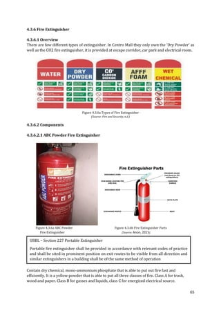 65
4.3.6 Fire Extinguisher
4.3.6.1 Overview
There are few different types of extinguisher. In Centro Mall they only own the ‘Dry Powder’ as
well as the CO2 fire extinguisher, it is provided at escape corridor, car park and electrical room.
Figure 4.3.6a Types of Fire Extinguisher
(Source: Fire and Security, n.d.)
4.3.6.2 Components
4.3.6.2.1 ABC Powder Fire Extinguisher
Figure 4.3.6a ABC Powder Figure 4.3.6b Fire Extinguisher Parts
Fire Extinguisher (Source: Anon, 2015)
Contain dry chemical, mono-ammonium phosphate that is able to put out fire fast and
efficiently. It is a yellow powder that is able to put all three classes of fire. Class A for trash,
wood and paper. Class B for gasses and liquids, class C for energized electrical source.
UBBL – Section 227 Portable Extinguisher
Portable fire extinguisher shall be provided in accordance with relevant codes of practice
and shall be sited in prominent position on exit routes to be visible from all direction and
similar extinguishers in a building shall be of the same method of operation
 