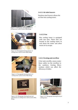 7
Figure 1.7: Photograph showing exterior of
cooling tower used in Centro Mall, Klang.
Figure 1.8: Photograph showing interior of
cooling tower used in Centro Mall, Klang.
Figure 1.9: Photograph showing interior of
cooling tower used in Centro Mall, Klang.
Figure 1.10: Photograph showing brand and
specification of cooling tower used in Centro Mall,
Klang.
Air inlet louvers
Propeller fan
Overflow
Grating
1.4.2.1 Air inlet louvers
Stainless steel louvers allows the
air flow into cooling tower.
1.4.2.2 Fan
One cooling tower is equipped
with two fans. These fans are
located at the cooling tower to
cool down the water and allow
warm air to escape.
1.4.2.3 Grating and overflow
If the tank overfills, excess water
flows safely via the overflow to
the outdoors. Grating filters
residues which can affect the
efficiency of chiller.
Figure 1.11: Photograph showing the top of
cooling tower.
 