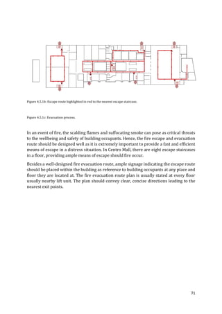 71
Figure 4.5.1b: Escape route highlighted in red to the nearest escape staircase.
Figure 4.5.1c: Evacuation process.
In an event of fire, the scalding flames and suffocating smoke can pose as critical threats
to the wellbeing and safety of building occupants. Hence, the fire escape and evacuation
route should be designed well as it is extremely important to provide a fast and efficient
means of escape in a distress situation. In Centro Mall, there are eight escape staircases
in a floor, providing ample means of escape should fire occur.
Besides a well-designed fire evacuation route, ample signage indicating the escape route
should be placed within the building as reference to building occupants at any place and
floor they are located at. The fire evacuation route plan is usually stated at every floor
usually nearby lift unit. The plan should convey clear, concise directions leading to the
nearest exit points.
 