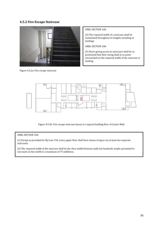 74
4.5.2 Fire Escape Staircase
Figure 4.5.2a: Fire escape staircase
Figure 4.5.2b: Fire escape staircase layout in a typical building floor of Centro Mall.
UBBL SECTION 168:
(4) The required width of a staircase shall be
maintained throughout its lengths including at
landings
UBBL SECTION 168:
(5) Doors giving access to staircases shall be so
positioned that their swing shall at no point
encroached on the required width of the staircase or
landing.
UBBL SECTION 168:
(1) Except as provided for By-Law 194, every upper floor shall have means of egres via at least two separate
staircases.
(2) The required width of the staircase shall be the clear width between walls but handrails maybe permitted to
encroach on this width to a maximum of 75 millilitres.
 