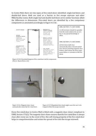 78
In Centro Mall, there are two types of fire-rated doors identified: single-leaf doors and
double-leaf doors. Both are used as a barrier to fire escape staircase and other
M&E/facility rooms. Both single-leaf and double-leaf doors serve similar functions albeit
the differences in dimensions. Fire-rated doors are identified by a few compulsory
components as annotated accordingly in Figure 4.5.3d:
Figure 4.5.3d: Annotated diagram of fire-rated door and its components.
(Source: RaynerDoors, n.d.)
Figure 4.5.3e: Magnetic door closer
automatically closes the fire-rated door.
Figure 4.5.3f: Dilapidated door knob might cause the user to be
trapped within the escape stairwell.
Every fire-rated door in Centro Mall is fitted with a magnetic door closer, compliant to
UBBL Section 173(2). The magnetic door closer ensures that the fire-rated door is always
close after every use. In the event of fire, this self-closing property of the fire-rated door
helps to compartmentalize and isolate the spread of fire into the escape stairwell.
UBBL SECTION 173: EXIT DOORS
(1) All exit doors should be openable
from the inside without the use of a
key or any special knowledge or
effort.
UBBL SECTION 173: EXIT DOORS
(2) Exit doors shall close
automatically when released and all
door devices including magnetic door
holders, shall release the doors upon
power failure or activation of the fire
alarm.
 