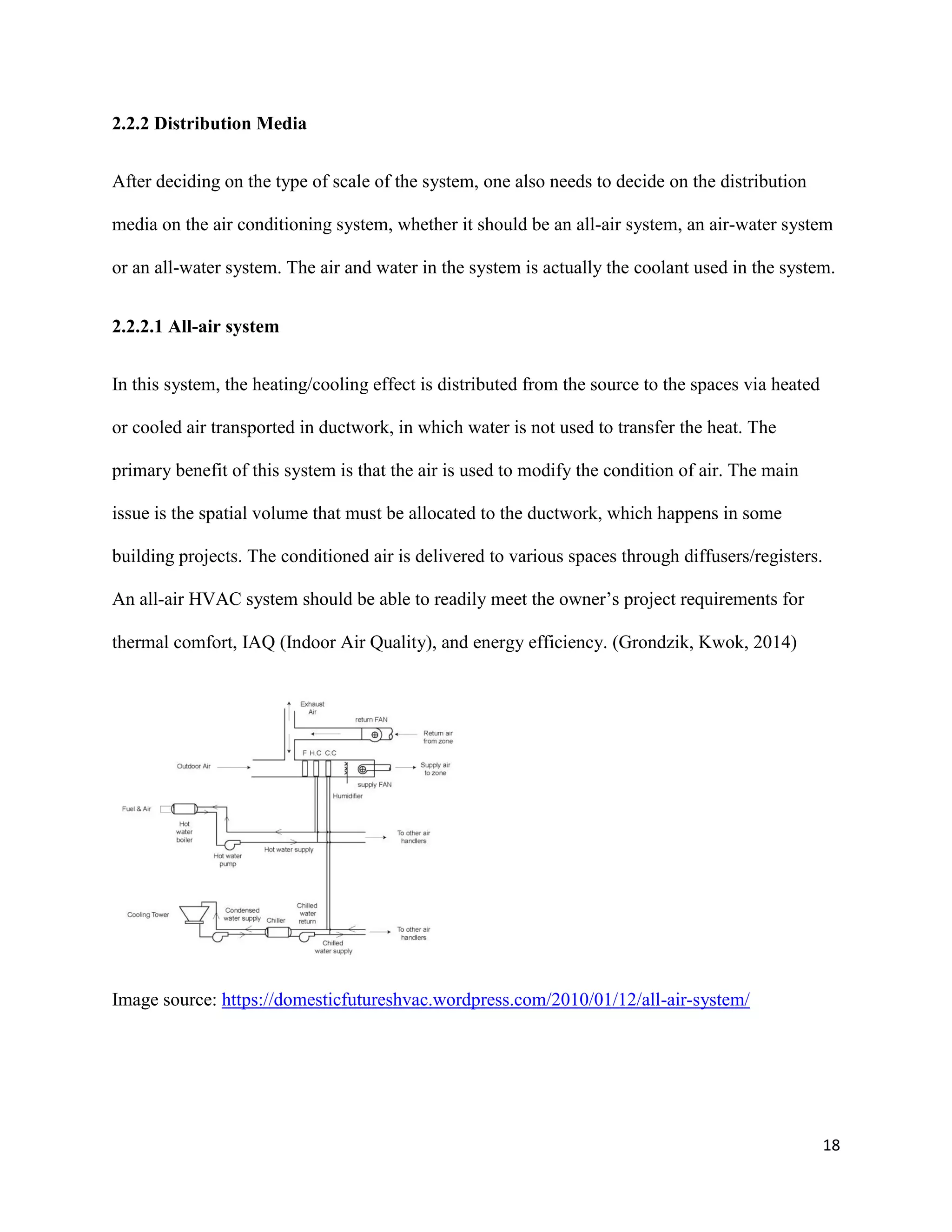 18
2.2.2 Distribution Media
After deciding on the type of scale of the system, one also needs to decide on the distribution
media on the air conditioning system, whether it should be an all-air system, an air-water system
or an all-water system. The air and water in the system is actually the coolant used in the system.
2.2.2.1 All-air system
In this system, the heating/cooling effect is distributed from the source to the spaces via heated
or cooled air transported in ductwork, in which water is not used to transfer the heat. The
primary benefit of this system is that the air is used to modify the condition of air. The main
issue is the spatial volume that must be allocated to the ductwork, which happens in some
building projects. The conditioned air is delivered to various spaces through diffusers/registers.
An all-air HVAC system should be able to readily meet the owner’s project requirements for
thermal comfort, IAQ (Indoor Air Quality), and energy efficiency. (Grondzik, Kwok, 2014)
Image source: https://domesticfutureshvac.wordpress.com/2010/01/12/all-air-system/
 