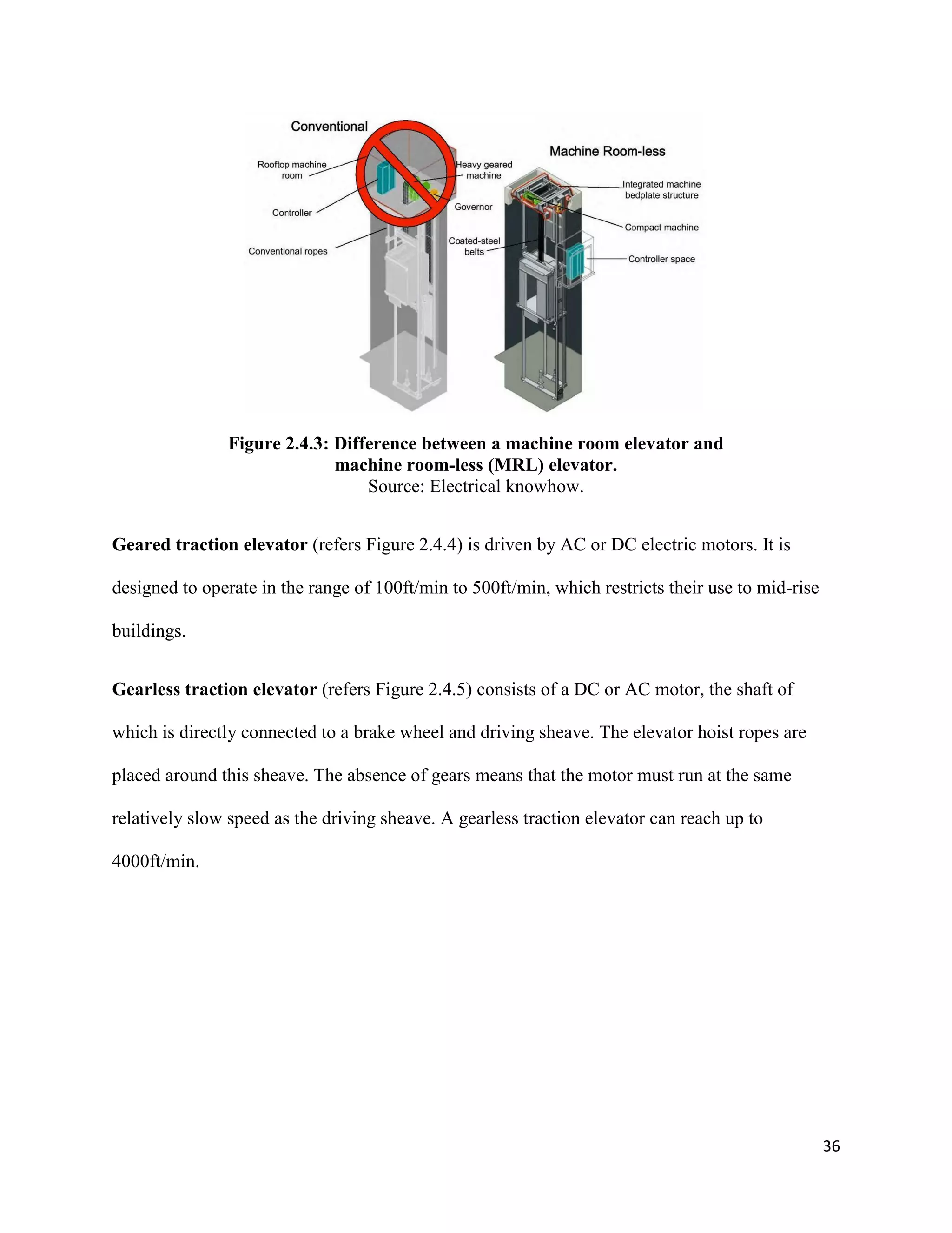 36
Figure 2.4.3: Difference between a machine room elevator and
machine room-less (MRL) elevator.
Source: Electrical knowhow.
Geared traction elevator (refers Figure 2.4.4) is driven by AC or DC electric motors. It is
designed to operate in the range of 100ft/min to 500ft/min, which restricts their use to mid-rise
buildings.
Gearless traction elevator (refers Figure 2.4.5) consists of a DC or AC motor, the shaft of
which is directly connected to a brake wheel and driving sheave. The elevator hoist ropes are
placed around this sheave. The absence of gears means that the motor must run at the same
relatively slow speed as the driving sheave. A gearless traction elevator can reach up to
4000ft/min.
 