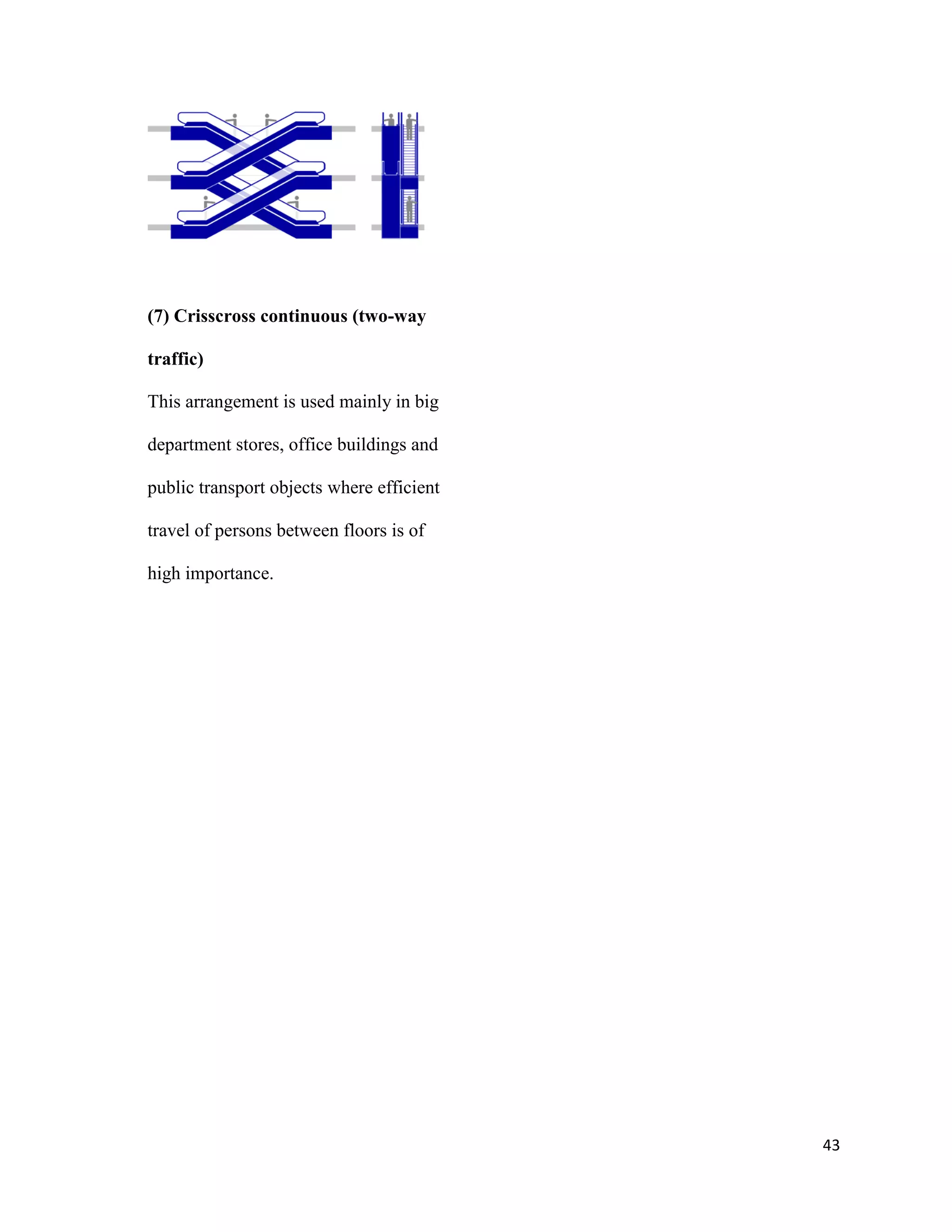 43
(7) Crisscross continuous (two-way
traffic)
This arrangement is used mainly in big
department stores, office buildings and
public transport objects where efficient
travel of persons between floors is of
high importance.
 