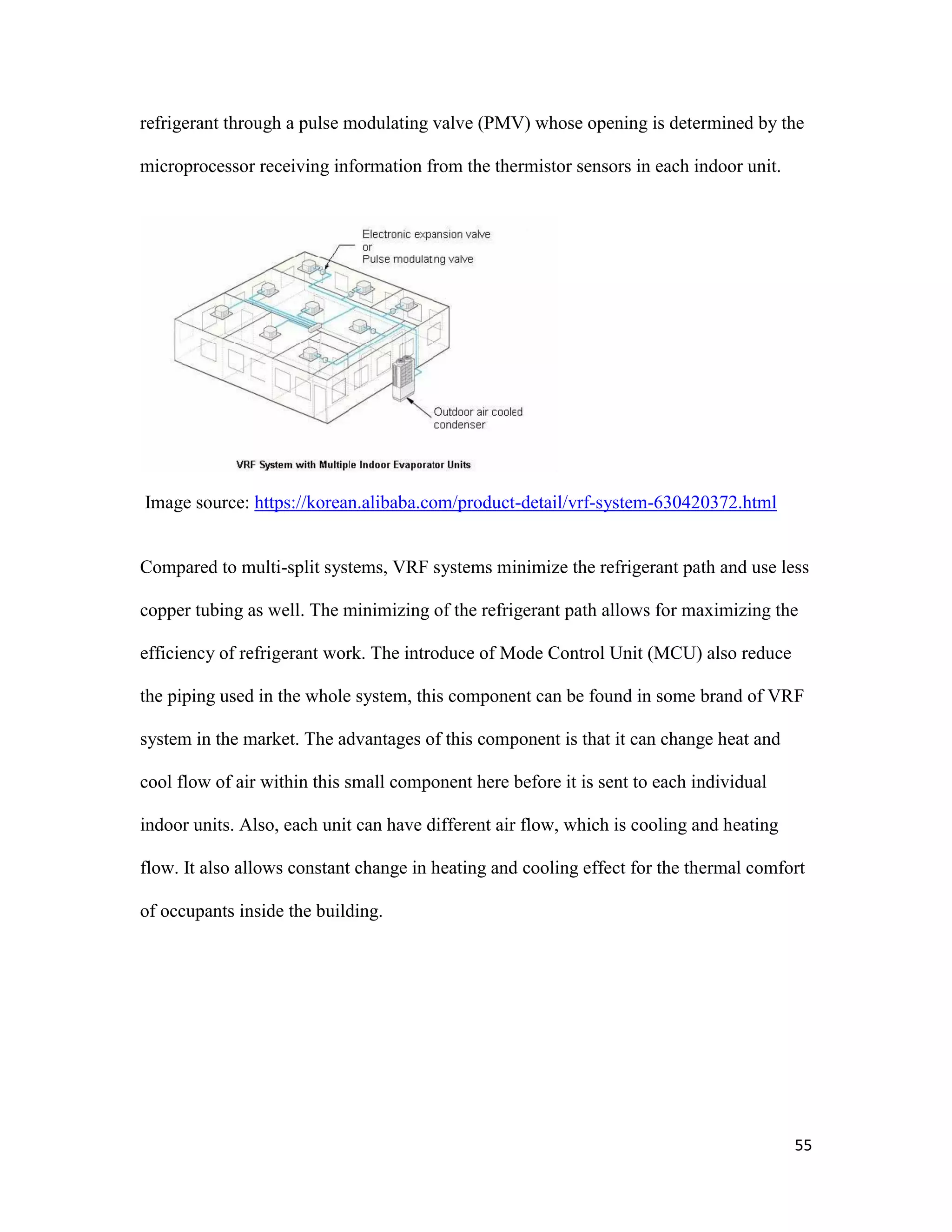 55
refrigerant through a pulse modulating valve (PMV) whose opening is determined by the
microprocessor receiving information from the thermistor sensors in each indoor unit.
Image source: https://korean.alibaba.com/product-detail/vrf-system-630420372.html
Compared to multi-split systems, VRF systems minimize the refrigerant path and use less
copper tubing as well. The minimizing of the refrigerant path allows for maximizing the
efficiency of refrigerant work. The introduce of Mode Control Unit (MCU) also reduce
the piping used in the whole system, this component can be found in some brand of VRF
system in the market. The advantages of this component is that it can change heat and
cool flow of air within this small component here before it is sent to each individual
indoor units. Also, each unit can have different air flow, which is cooling and heating
flow. It also allows constant change in heating and cooling effect for the thermal comfort
of occupants inside the building.
 