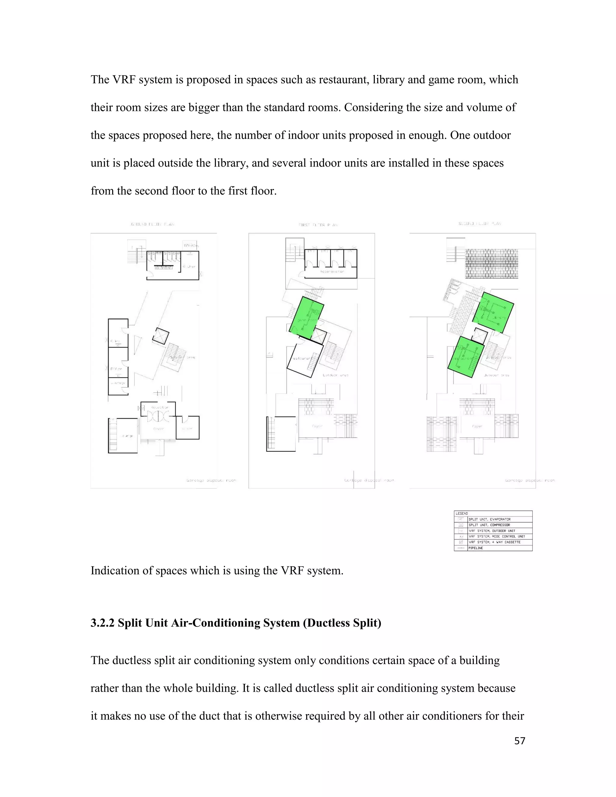 57
The VRF system is proposed in spaces such as restaurant, library and game room, which
their room sizes are bigger than the standard rooms. Considering the size and volume of
the spaces proposed here, the number of indoor units proposed in enough. One outdoor
unit is placed outside the library, and several indoor units are installed in these spaces
from the second floor to the first floor.
Indication of spaces which is using the VRF system.
3.2.2 Split Unit Air-Conditioning System (Ductless Split)
The ductless split air conditioning system only conditions certain space of a building
rather than the whole building. It is called ductless split air conditioning system because
it makes no use of the duct that is otherwise required by all other air conditioners for their
 