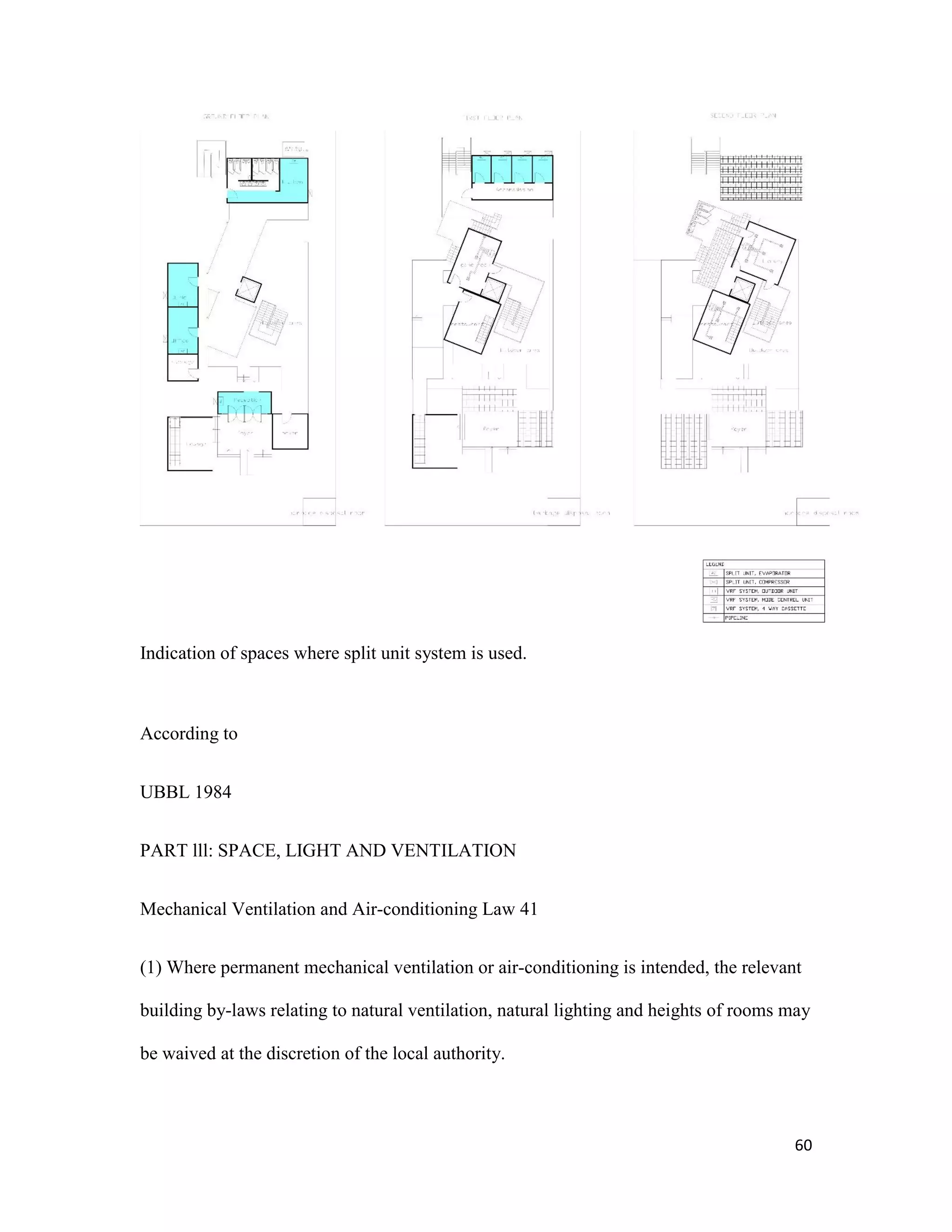 60
Indication of spaces where split unit system is used.
According to
UBBL 1984
PART lll: SPACE, LIGHT AND VENTILATION
Mechanical Ventilation and Air-conditioning Law 41
(1) Where permanent mechanical ventilation or air-conditioning is intended, the relevant
building by-laws relating to natural ventilation, natural lighting and heights of rooms may
be waived at the discretion of the local authority.
 