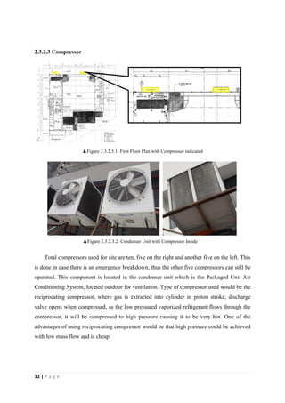 12 | P a g e
2.3.2.3 Compressor
▲Figure 2.3.2.3.1: First Floor Plan with Compressor indicated
Total compressors used for site are ten, five on the right and another five on the left. This
is done in case there is an emergency breakdown, thus the other five compressors can still be
operated. This component is located in the condenser unit which is the Packaged Unit Air
Conditioning System, located outdoor for ventilation. Type of compressor used would be the
reciprocating compressor, where gas is extracted into cylinder in piston stroke, discharge
valve opens when compressed, as the low pressured vaporized refrigerant flows through the
compressor, it will be compressed to high pressure causing it to be very hot. One of the
advantages of using reciprocating compressor would be that high pressure could be achieved
with low mass flow and is cheap.
▲Figure 2.3.2.3.2: Condenser Unit with Compressor Inside
 