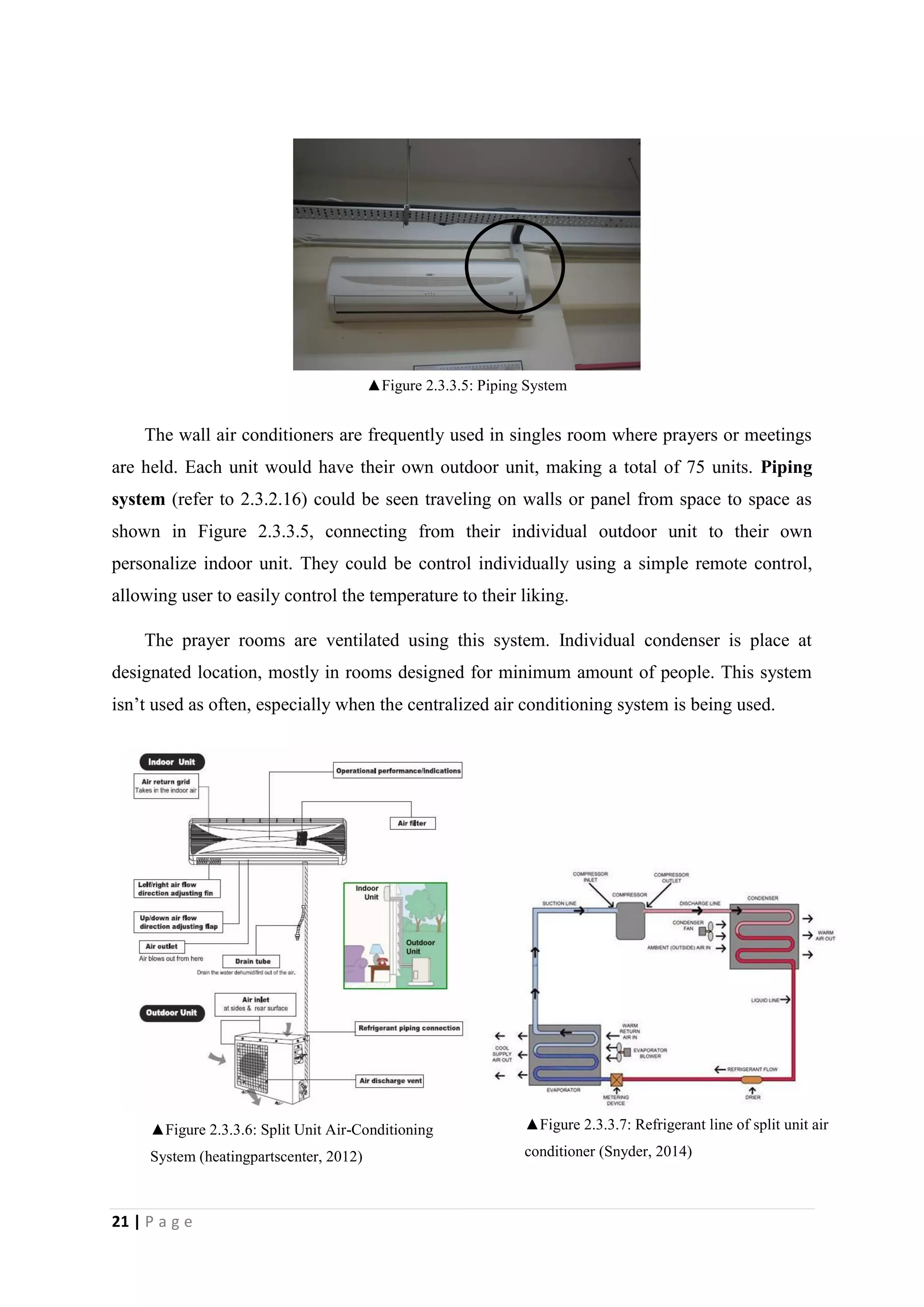 21 | P a g e
The wall air conditioners are frequently used in singles room where prayers or meetings
are held. Each unit would have their own outdoor unit, making a total of 75 units. Piping
system (refer to 2.3.2.16) could be seen traveling on walls or panel from space to space as
shown in Figure 2.3.3.5, connecting from their individual outdoor unit to their own
personalize indoor unit. They could be control individually using a simple remote control,
allowing user to easily control the temperature to their liking.
The prayer rooms are ventilated using this system. Individual condenser is place at
designated location, mostly in rooms designed for minimum amount of people. This system
isn’t used as often, especially when the centralized air conditioning system is being used.
▲Figure 2.3.3.5: Piping System
▲Figure 2.3.3.6: Split Unit Air-Conditioning
System (heatingpartscenter, 2012)
▲Figure 2.3.3.7: Refrigerant line of split unit air
conditioner (Snyder, 2014)
 