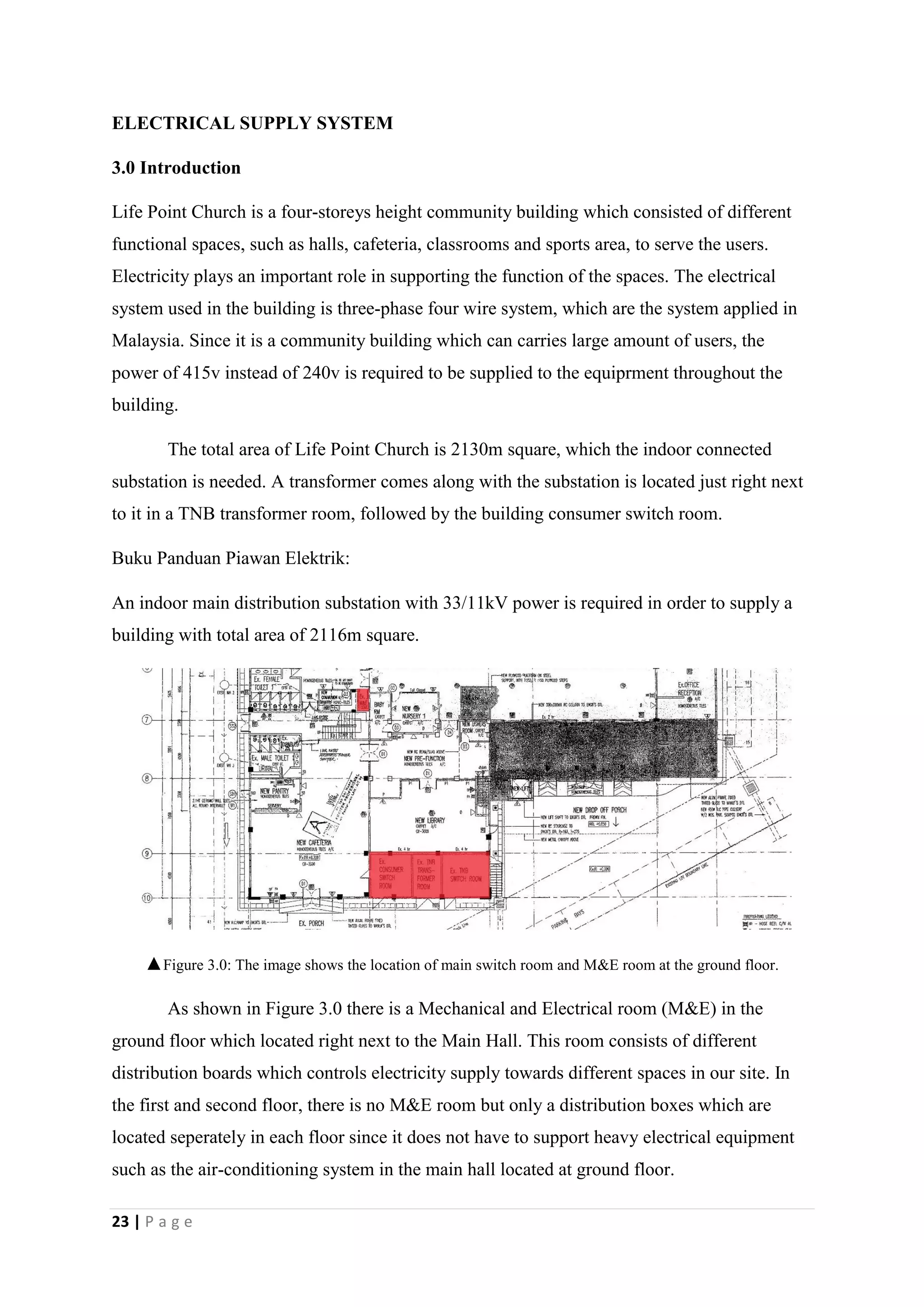 23 | P a g e
ELECTRICAL SUPPLY SYSTEM
3.0 Introduction
Life Point Church is a four-storeys height community building which consisted of different
functional spaces, such as halls, cafeteria, classrooms and sports area, to serve the users.
Electricity plays an important role in supporting the function of the spaces. The electrical
system used in the building is three-phase four wire system, which are the system applied in
Malaysia. Since it is a community building which can carries large amount of users, the
power of 415v instead of 240v is required to be supplied to the equiprment throughout the
building.
The total area of Life Point Church is 2130m square, which the indoor connected
substation is needed. A transformer comes along with the substation is located just right next
to it in a TNB transformer room, followed by the building consumer switch room.
Buku Panduan Piawan Elektrik:
An indoor main distribution substation with 33/11kV power is required in order to supply a
building with total area of 2116m square.
▲Figure 3.0: The image shows the location of main switch room and M&E room at the ground floor.
As shown in Figure 3.0 there is a Mechanical and Electrical room (M&E) in the
ground floor which located right next to the Main Hall. This room consists of different
distribution boards which controls electricity supply towards different spaces in our site. In
the first and second floor, there is no M&E room but only a distribution boxes which are
located seperately in each floor since it does not have to support heavy electrical equipment
such as the air-conditioning system in the main hall located at ground floor.
 