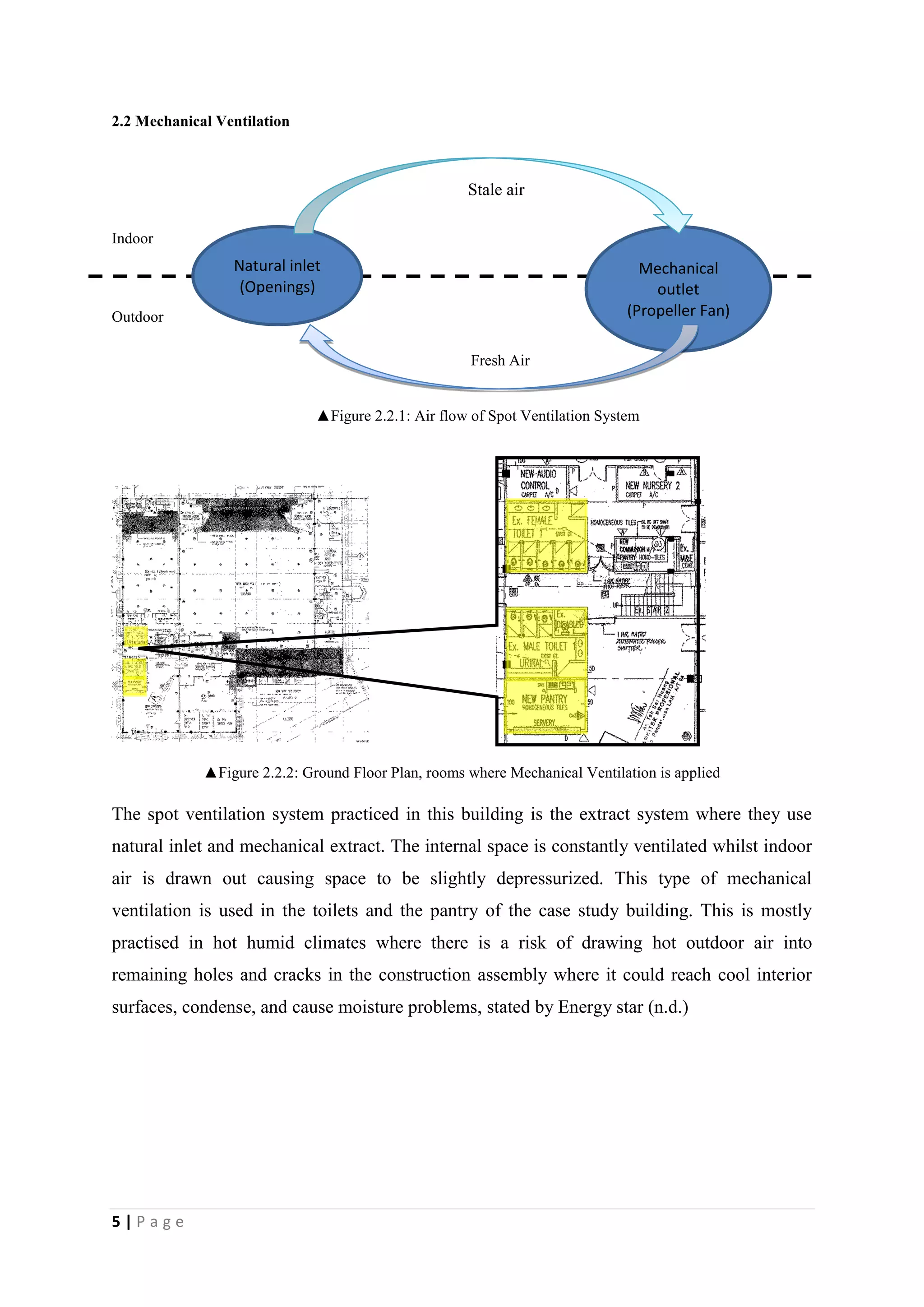 5 | P a g e
2.2 Mechanical Ventilation
Indoor
Outdoor
▲Figure 2.2.1: Air flow of Spot Ventilation System
▲Figure 2.2.2: Ground Floor Plan, rooms where Mechanical Ventilation is applied
The spot ventilation system practiced in this building is the extract system where they use
natural inlet and mechanical extract. The internal space is constantly ventilated whilst indoor
air is drawn out causing space to be slightly depressurized. This type of mechanical
ventilation is used in the toilets and the pantry of the case study building. This is mostly
practised in hot humid climates where there is a risk of drawing hot outdoor air into
remaining holes and cracks in the construction assembly where it could reach cool interior
surfaces, condense, and cause moisture problems, stated by Energy star (n.d.)
Natural inlet
(Openings)
Mechanical
outlet
(Propeller Fan)
Stale air
Fresh Air
 