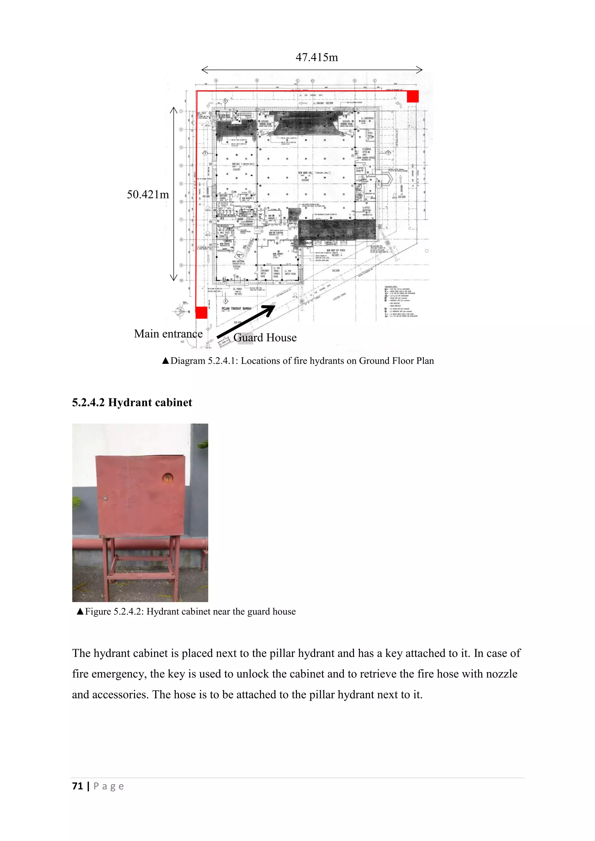 71 | P a g e
5.2.4.2 Hydrant cabinet
The hydrant cabinet is placed next to the pillar hydrant and has a key attached to it. In case of
fire emergency, the key is used to unlock the cabinet and to retrieve the fire hose with nozzle
and accessories. The hose is to be attached to the pillar hydrant next to it.
Main entrance
50.421m
47.415m
▲Figure 5.2.4.2: Hydrant cabinet near the guard house
▲Diagram 5.2.4.1: Locations of fire hydrants on Ground Floor Plan
Guard House
 