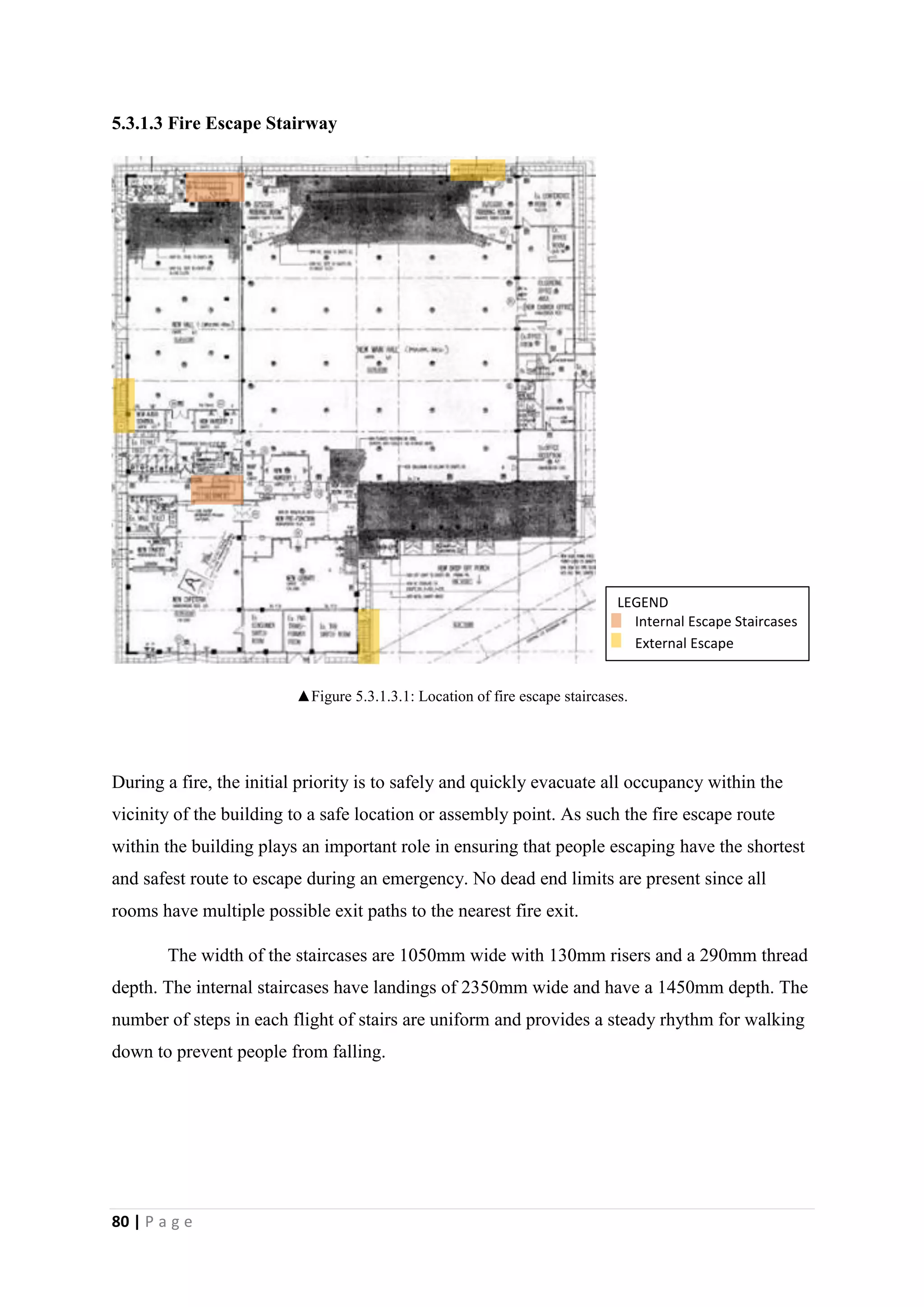 80 | P a g e
5.3.1.3 Fire Escape Stairway
▲Figure 5.3.1.3.1: Location of fire escape staircases.
During a fire, the initial priority is to safely and quickly evacuate all occupancy within the
vicinity of the building to a safe location or assembly point. As such the fire escape route
within the building plays an important role in ensuring that people escaping have the shortest
and safest route to escape during an emergency. No dead end limits are present since all
rooms have multiple possible exit paths to the nearest fire exit.
The width of the staircases are 1050mm wide with 130mm risers and a 290mm thread
depth. The internal staircases have landings of 2350mm wide and have a 1450mm depth. The
number of steps in each flight of stairs are uniform and provides a steady rhythm for walking
down to prevent people from falling.
LEGEND
Internal Escape Staircases
External Escape
Staircases
 