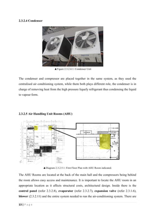 13 | P a g e
2.3.2.4 Condenser
The condenser and compressor are placed together in the same system, as they used the
centralised air conditioning system, while them both plays different role, the condenser is in
charge of removing heat from the high pressure liquefy refrigerant thus condensing the liquid
to vapour form.
2.3.2.5 Air Handling Unit Rooms (AHU)
▲Diagram 2.3.2.5.1: First Floor Plan with AHU Room indicated.
The AHU Rooms are located at the back of the main hall and the compressors being behind
the room allows easy access and maintenance. It is important to locate the AHU room in an
appropriate location as it affects structural costs, architectural design. Inside there is the
control panel (refer 2.3.2.8), evaporator (refer 2.3.2.7), expansion valve (refer 2.3.1.6),
blower (2.3.2.11) and the entire system needed to run the air-conditioning system. There are
▲Figure 2.3.2.4.1: Condenser Unit
 