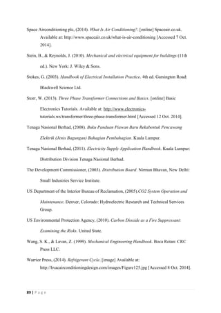 89 | P a g e
Space Airconditioning plc, (2014). What Is Air Conditioning?. [online] Spaceair.co.uk.
Available at: http://www.spaceair.co.uk/what-is-air-conditioning [Accessed 7 Oct.
2014].
Stein, B., & Reynolds, J. (2010). Mechanical and electrical equipment for buildings (11th
ed.). New York: J. Wiley & Sons.
Stokes, G. (2003). Handbook of Electrical Installation Practice. 4th ed. Garsington Road:
Blackwell Science Ltd.
Storr, W. (2013). Three Phase Transformer Connections and Basics. [online] Basic
Electronics Tutorials. Available at: http://www.electronics-
tutorials.ws/transformer/three-phase-transformer.html [Accessed 12 Oct. 2014].
Tenaga Nasional Berhad, (2008). Buku Panduan Piawan Baru Rekabentuk Pencawang
Elektrik (Jenis Bagungan) Bahagian Pembahagian. Kuala Lumpur.
Tenaga Nasional Berhad, (2011). Electricity Supply Application Handbook. Kuala Lumpur:
Distribution Division Tenaga Nasional Berhad.
The Development Commissioner, (2003). Distribution Board. Nirman Bhavan, New Delhi:
Small Industries Service Institute.
US Department of the Interior Bureau of Reclamation, (2005).CO2 System Operation and
Maintenance. Denver, Colorado: Hydroelectric Research and Technical Services
Group.
US Environmental Protection Agency, (2010). Carbon Dioxide as a Fire Suppressant:
Examining the Risks. United State.
Wang, S. K., & Lavan, Z. (1999). Mechanical Engineering Handbook. Boca Rotan: CRC
Press LLC.
Warrior Press, (2014). Refrigerant Cycle. [image] Available at:
http://hvacairconditioningdesign.com/images/Figure125.jpg [Accessed 8 Oct. 2014].
 