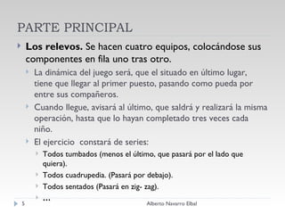 PARTE PRINCIPAL Los relevos.  Se hacen cuatro equipos, colocándose sus componentes en fila uno tras otro.  La dinámica del juego será, que el situado en último lugar, tiene que llegar al primer puesto, pasando como pueda por entre sus compañeros.  Cuando llegue, avisará al último, que saldrá y realizará la misma operación, hasta que lo hayan completado tres veces cada niño.  El ejercicio  constará de series: Todos tumbados (menos el último, que pasará por el lado que quiera). Todos cuadrupedia. (Pasará por debajo).  Todos sentados (Pasará en zig- zag). … Alberto Navarro Elbal 