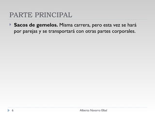PARTE PRINCIPAL Sacos de gemelos.  Misma carrera, pero esta vez se hará por parejas y se transportará con otras partes corporales.   Alberto Navarro Elbal 