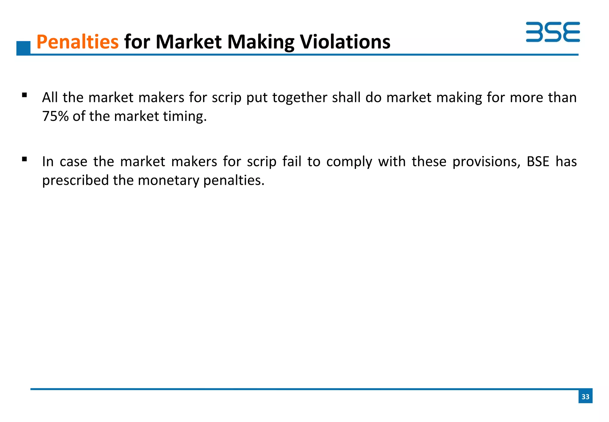  All the market makers for scrip put together shall do market making for more than
75% of the market timing.
 In case the market makers for scrip fail to comply with these provisions, BSE has
prescribed the monetary penalties.
Penalties for Market Making Violations
33
 