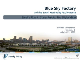 Baltimore, Maryland Blue Sky Factory Driving Email Marketing Performance Email’s Role in Social Media: The Digital Glue eduWEB Conference Chicago, IL July 20-22, 2009 