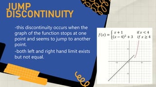 -this discontinuity occurs when the
graph of the function stops at one
point and seems to jump to another
point.
JUMP
DISCONTINUITY
-both left and right hand limit exists
but not equal.
 