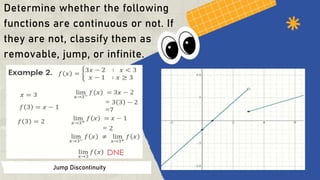 Determine whether the following
functions are continuous or not. If
they are not, classify them as
removable, jump, or infinite.
Jump Discontinuity
 