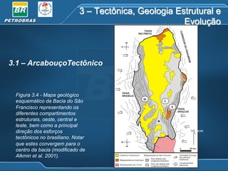 3 – Tectônica, Geologia Estrutural e
Evolução

3.1 – ArcabouçoTectônico

Figura 3.4 - Mapa geológico
esquemático da Bacia do São
Francisco representando os
diferentes compartimentos
estruturais, oeste, central e
leste, bem como a principal
direção dos esforços
tectônicos no brasiliano. Notar
que estes convergem para o
centro da bacia (modificado de
Alkmin et al. 2001).

Três Marias

Sete Lagoas

 