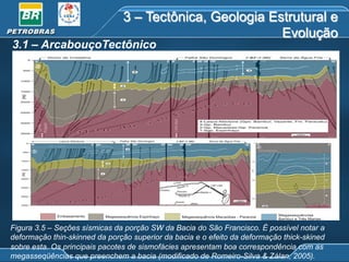 3 – Tectônica, Geologia Estrutural e
Evolução

3.1 – ArcabouçoTectônico

Figura 3.5 – Seções sísmicas da porção SW da Bacia do São Francisco. É possível notar a
deformação thin-skinned da porção superior da bacia e o efeito da deformação thick-skined
sobre esta. Os principais pacotes de sismofácies apresentam boa correspondência com as
megasseqüências que preenchem a bacia (modificado de Romeiro-Silva & Zálan, 2005).

 
