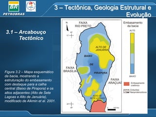 3 – Tectônica, Geologia Estrutural e
Evolução
3.1 – Arcabouço
Tectônico

Figura 3.2 – Mapa esquemático
da bacia, mostrando a
estruturação do embasamento
com destaque para a calha
central (Baixo de Pirapora) e os
altos adjacentes (Alto de Sete
Lagoas e Alto de Januária),
modificado de Alkmin et al. 2001.

 