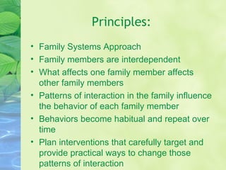 Principles: Family Systems Approach Family members are interdependent What affects one family member affects other family members Patterns of interaction in the family influence the behavior of each family member Behaviors become habitual and repeat over time Plan interventions that carefully target and provide practical ways to change those patterns of interaction 