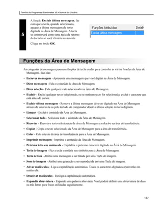 Família de Programas Boardmaker V6 • Manual do Usuário


         A função Excluir última mensagem, faz
         com que a tecla, quando selecionada,
         apague a última mensagem de texto
         digitada na Área de Mensagem. A tecla
5        se comportará como uma tecla de retorno
         do teclado se você clicá-la novamente.
         Clique no botão OK.




  Funções da Área de Mensagem
  As categorias de mensagem possuem funções de tecla usadas para controlar as várias funções da Área de
    Mensagem. São elas:
  • Escrever mensagem - Apresenta uma mensagem que você digitar na Área de Mensagem.
  • Dizer mensagem - Fala o conteúdo da Área de Mensagem.
  • Dizer seleção - Fala qualquer texto selecionado na Área de Mensagem.
  • Excluir - Exclui qualquer texto selecionado, ou se nenhum texto for selecionado, exclui o caractere que
    está antes do cursor.
  • Excluir última mensagem - Remove a última mensagem de texto digitado na Área de Mensagem
    através de uma tecla ou pelo teclado do computador desde a última seleção da tecla digitada.
  • Limpar - Exclui o conteúdo da Área de Mensagem.
  • Selecionar tudo - Seleciona todo o conteúdo da Área de Mensagem.
  • Recortar - Recorta o texto selecionado da Área de Mensagem e colocá-o na área de transferência.
  • Copiar - Copia o texto selecionado da Área de Mensagem para a área de transferência.
  • Colar - Cola o texto da área de transferência para a Área de Mensagem.
  • Imprimir mensagem - Imprime o conteúdo da Área de Mensagem.
  • Próxima letra em maiúscula - Capitaliza o próximo caractere digitado na Área de Mensagem.
  • Tecla de imagem - Faz a tecla transferir seu símbolo para a Área de Mensagem.
  • Tecla de fala - Atribui uma mensagem a ser falada por uma Tecla de imagem.
  • Som de imagem - Atribui uma gravação a ser reproduzida por uma Tecla de imagem.
  • Ativar maiúsculas - Liga a capitalização automática. Todos os caracteres digitados aparecerão em
    maiúscula.
  • Desativar maiúsculas - Desliga a capitalização automática.
  • Expandir abreviatura - Expande uma palavra abreviada. Você poderá definir uma abreviatura de duas
    ou três letras para frases utilizadas seguidamente.



                                                                                                         137
 