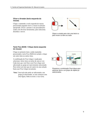 Família de Programas Boardmaker V6 • Manual do Usuário




 Clicar e Arrastar (tecla esquerda do
 mouse)
 Clique e mantenha a tecla esquerda do mouse
 pressionada enquanto move o mouse na direção
 apropriada. Clicar e arrastar é um procedimento
 usado com diversas ferramentas, para selecionar,
 desenhar e mover.
                                                         Clique e arraste para criar uma tecla ou
                                                         para mover os itens ao redor.




 Tecla Fixa (Shift) + Clique (tecla esquerda
 do mouse)
 Clique no primeiro item e então mantenha
 pressionada a tecla Fixa (Shift) do teclado e clique
 um outro item ou outros itens.
 A combinação de Fixa+clique é usada para
 selecionar vários itens ou teclas de uma só vez.
 Cada item que você fizer com Fixa+clique será
 adicionado ao grupo já é previamente selecionado.
 Para retirar um item que já é parte de uma seleção
 basta usar Fixa+clique novamente.                       Pressione a combinação Fixa+clique para
                                                         adicionar itens a um grupo de objetos já
 Nota: Uma tecla não pode ser adicionada a um            selecionados.
       grupo já selecionado, se este começou com
       uma figura, linha ou texto e vice-versa.




                                                                                                    9
 