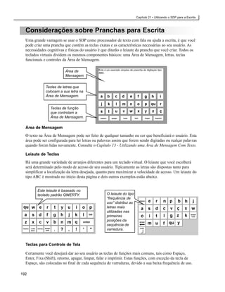 Capítulo 21 • Utilizando o SDP para a Escrita



  Considerações sobre Pranchas para Escrita
  Uma grande vantagem se usar o SDP como processador de texto com fala ou ajuda a escrita, é que você
  pode criar uma prancha que contém as teclas exatas e as características necessárias ao seu usuário. As
  necessidades cognitivas e físicas do usuário é que ditarão o leiaute da prancha que você criar. Todos os
  teclados virtuais dividem os mesmos componentes básicos: uma Área de Mensagem, letras, teclas
  funcionais e controles da Área de Mensagem.

                          Área de
                          Mensagem


              Teclas de letras que
              colocam a sua letra na
              Área de Mensagem.


                 Teclas de função
                 que controlam a
                 Área de Mensagem.

  Área de Mensagem
  O texto na Área de Mensagem pode ser feito de qualquer tamanho ou cor que beneficiará o usuário. Esta
  área pode ser configurada para ler letras ou palavras assim que forem sendo digitadas ou realçar palavras
  quando forem lidas novamente. Consulte o Capítulo 13 - Utilizando uma Área de Mensagem Com Texto.

  Leiaute de Teclas
  Há uma grande variedade de arranjos diferentes para um teclado virtual. O leiaute que você escolherá
  será determinado pelo modo de acesso de seu usuário. Tipicamente as letras são dispostas tanto para
  simplificar a localização da letra desejada, quanto para maximizar a velocidade de acesso. Um leiaute do
  tipo ABC é mostrado no início desta página e dois outros exemplos estão abaixo.


         Este leiaute é baseado no
         teclado padrão QWERTY.                    O leiaute do tipo
                                                   "frequência de
                                                   uso” distribui as
                                                   letras mais
                                                   utilizadas nas
                                                   primeiras
                                                   posições da
                                                   sequência de
                                                   varredura.



  Teclas para Controle de Tela

  Certamente você desejará dar ao seu usuário as teclas de funções mais comuns, tais como Espaço,
  Enter, Fixa (Shift), retorno, apagar, limpar, falar e imprimir. Estas funções, com exceção da tecla de
  Espaço, são colocadas no final de cada sequência de varreduras, devido a sua baixa frequência de uso.

192
 