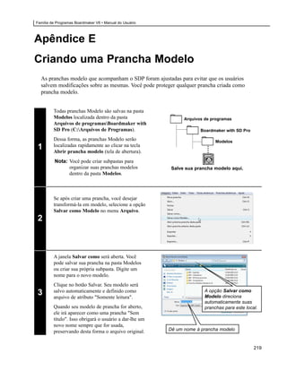 Família de Programas Boardmaker V6 • Manual do Usuário



Apêndice E
Criando uma Prancha Modelo
  As pranchas modelo que acompanham o SDP foram ajustadas para evitar que os usuários
  salvem modificações sobre as mesmas. Você pode proteger qualquer prancha criada como
  prancha modelo.


         Todas pranchas Modelo são salvas na pasta
         Modelos localizada dentro da pasta                    Arquivos de programas
         Arquivos de programasBoardmaker with
         SD Pro (C:Arquivos de Programas).                           Boardmaker with SD Pro

         Dessa forma, as pranchas Modelo serão                               Modelos
1        localizadas rapidamente ao clicar na tecla
         Abrir prancha modelo (tela de abertura).
          Nota: Você pode criar subpastas para
                organizar suas pranchas modelos           Salve sua prancha modelo aqui.
                dentro da pasta Modelos.



         Se após criar uma prancha, você desejar
         transformá-la em modelo, selecione a opção
         Salvar como Modelo no menu Arquivo.
2



         A janela Salvar como será aberta. Você
         pode salvar sua prancha na pasta Modelos
         ou criar sua própria subpasta. Digite um
         nome para o novo modelo.
         Clique no botão Salvar. Seu modelo será
         salvo automaticamente e definido como                          A opção Salvar como
3        arquivo de atributo "Somente leitura".                         Modelo direciona
                                                                        automaticamente suas
         Quando seu modelo de prancha for aberto,                       pranchas para este local.
         ele irá aparecer como uma prancha "Sem
         título". Isso obrigará o usuário a dar-lhe um
         novo nome sempre que for usada,
         preservando desta forma o arquivo original.     Dê um nome à prancha modelo


                                                                                               219
 