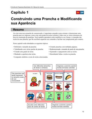 Família de Programas Boardmaker V6 • Manual do Usuário




Capítulo 1
Construindo uma Prancha e Modificando
sua Aparência
  Resumo
  Ao criar uma nova prancha de comunicação, é importante entender como orientar e dimensionar uma
  prancha para ser impressa, como criar uma grade de teclas (células) e lidar com os vários elementos da
  área de construção de pranchas. Você também aprenderá como modificar a cor, forma e o tamanho das
  teclas de uma prancha, que lhe auxiliará organizar seu conteúdo e facilitar sua compreensão pelo usuário.

  Neste capítulo serão abordados os seguintes tópicos:

  • Definindo o tamanho da prancha.                      • Criando pranchas com múltiplas páginas.
  • Trabalhando com várias janelas de prancha.           • Redimensionado o tamanho da janela de uma prancha.
  • Criando uma grade de teclas.                         • Ajustando o espaçamento entre as teclas.
  • Mudando a aparência das teclas.                      • Desenhando linhas e teclas na prancha.
  • Limpando símbolos e texto de teclas selecionadas.




                                     Use diferentes tamanhos         Organize a prancha usando
                                     de teclas e símbolos.           bordas de teclas coloridas


Crie pranchas que
serão impressas
no tamanho exato
de sua
necessidade.




                           Escolha entre diferentes            Organize a prancha usando
                           tipos de cantos de teclas           fundos de tecla coloridos


                                                                                                          13
 