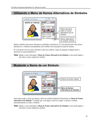 Família de Programas Boardmaker V6 • Manual do Usuário



  Utilizando o Menu de Nomes Alternativos de Símbolos




                                                                  Clique aqui para
                                                                  exibir os nomes
                                                                  alternativos de um
                                                                  símbolo.

                                                                  Nomes alternativos
                                                                  do símbolo corrente.

  Muitos símbolos têm nomes alternativos atribuídos (sinônimos). Se você procurar por estes nomes
  alternativos, o símbolo correspondente será exibido com esta palavra acima do mesmo.
  Se você quiser usar um nome alternativo para um símbolo, clique no pequeno triângulo preto e
  selecione no menu desdobrável.
  Nota: Mudar o texto utilizando o Menu de Nomes Alternativos do Símbolo é uma tarefa rápida e
        não afeta o nome original do símbolo.




  Mudando o Nome de um Símbolo


                           carinho
                                                                   Palavra de busca original




                                                                   Menu de Nomes
                                                                   Alternativos do Símbolo




  Você pode mudar o texto que aparece sobre um símbolo digitando diretamente no Menu de Nomes
  Alternativos do Símbolo. À medida que você digita o texto no campo, o mesmo é exibido
  automaticamente no sobre o símbolo.
  Nota: Mudar o texto utilizando o Menu de Nomes Alternativos do Símbolo é uma tarefa rápida e
        não afeta o nome original do símbolo.



                                                                                                    37
 