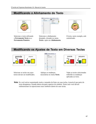 Família de Programas Boardmaker V6 • Manual do Usuário



  Modificando o Alinhamento do Texto




  Selecione o texto utilizando             Selecione o alinhamento        O texto, neste exemplo, está
  a Ferramenta Texto ou a                  desejado, clicando no menu     centralizado.
  Ferramenta Ponteiro.                     Texto e após em Alinhamento.




  Modificando os Ajustes de Texto em Diversas Teclas

    grande                pequeno                                          grande          pequeno




  Selecione as teclas em cujos               Aplique as mudanças          Todas as teclas selecionadas
  textos devam ser modificados.              necessárias no menu Texto.   refletirão as mudanças
                                                                          aplicadas ao texto.


  Nota: Se você estiver aumentando muito o tamanho da fonte em suas teclas, é possível que parte do
        texto desapareça, ficando abaixo da parte superior do símbolo. Neste caso você deverá
        redimensionar ou reposicionar esses símbolos dentro de suas teclas.




                                                                                                      47
 