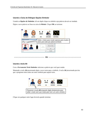 Família de Programas Boardmaker V6 • Manual do Usuário




  Usando a Caixa de Diálogos Opções Simbolar

  Usando as Opções de Simbolar, dê um duplo clique no símbolo cuja palavra deverá ser mudada.
  Digite a nova palavra ou frase na caixa do Rótulo. Clique OK ao terminar.




                                               Edite o rótulo para mudar apenas para mudar o
                                               texto para este par palavra-símbolo.




    - - - - - - - - - - - - - - - - - - - - - - - - - - - - - OU - - - - - - - - - - - - - - - - - - - - - - - - - - - - - - -



  Usando a tecla Alt

  Com a Ferramenta Tecla Simbolar selecione a palavra que você quer mudar.
  Mantendo a tecla Alt pressionada digite o novo texto para o símbolo. A tecla Alt pressionada previne
  que o programa tente achar um outro símbolo para aquele texto.




                           Pressione a tecla Alt enquanto digita diretamente para
                           editar o texto sem que mude para nem um outro símbolo.


  Clique em qualquer outro lugar da tecla quando terminar.




                                                                                                                                 63
 