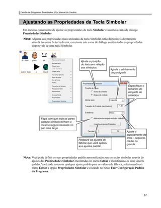 Família de Programas Boardmaker V6 • Manual do Usuário



  Ajustando as Propriedades da Tecla Simbolar
  Um método conveniente de ajustar as propriedades da tecla Simbolar é usando a caixa de diálogo
  Propriedades Simbolar.
  Nota: Alguma das propriedades mais utilizadas da tecla Simbolar estão disponíveis diretamente
        através do menu da tecla direita, entretanto esta caixa de diálogo contém todas as propriedades
        disponíveis de uma tecla Simbolar.




                                                           Ajuste a posição
                                                           do texto em relação
                                                           aos símbolos.
                                                                                    Ajuste o alinhamento
                                                                                    do parágrafo.




                                                                                                  Especifique o
                                                                                                  tamanho do
                                                                                                  conjunto de
                                                                                                  símbolos.




                   Faça com que todo os pares
                   palavra-símbolo tenham a
                   mesma largura baseada no
                   par mais largo.
                                                                                                Ajuste o
                                                                                                espaçamento da
                                                                                                linha - pequeno,
                                                         Restaure os ajustes de                 médio ou
                                                         fábrica que você aplicou               grande.
                                                         aos ajustes padrão.



  Nota: Você pode definir as suas propriedades padrão personalizadas para as teclas simbolar através do
        ajustes das Propriedades Simbolar encontradas no menu Editar e modificando os seus valores
        padrão. Você pode restaurar qualquer ajuste padrão para os valores de fábrica, selecionando no
        menu Editar a opção Propriedades Simbolar e clicando no botão Usar Configuração Padrão
        do Programa.




                                                                                                              67
 