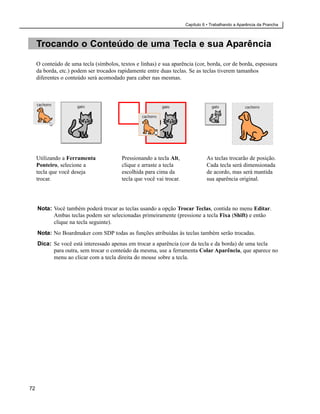 Capítulo 6 • Trabalhando a Aparência da Prancha



     Trocando o Conteúdo de uma Tecla e sua Aparência

     O conteúdo de uma tecla (símbolos, textos e linhas) e sua aparência (cor, borda, cor de borda, espessura
     da borda, etc.) podem ser trocados rapidamente entre duas teclas. Se as teclas tiverem tamanhos
     diferentes o conteúdo será acomodado para caber nas mesmas.




     Utilizando a Ferramenta             Pressionando a tecla Alt,              As teclas trocarão de posição.
     Ponteiro, selecione a               clique e arraste a tecla               Cada tecla será dimensionada
     tecla que você deseja               escolhida para cima da                 de acordo, mas será mantida
     trocar.                             tecla que você vai trocar.             sua aparência original.




     Nota: Você também poderá trocar as teclas usando a opção Trocar Teclas, contida no menu Editar.
           Ambas teclas podem ser selecionadas primeiramente (pressione a tecla Fixa (Shift) e então
           clique na tecla seguinte).
     Nota: No Boardmaker com SDP todas as funções atribuídas às teclas também serão trocadas.
     Dica: Se você está interessado apenas em trocar a aparência (cor da tecla e da borda) de uma tecla
           para outra, sem trocar o conteúdo da mesma, use a ferramenta Colar Aparência, que aparece no
           menu ao clicar com a tecla direita do mouse sobre a tecla.




72
 