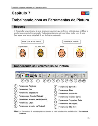 Família de Programas Boardmaker V6 • Manual do Usuário




Capítulo 7
Trabalhando com as Ferramentas de Pintura
  Resumo
  O Boardmaker apresenta uma série de ferramentas de pintura que podem ser utilizadas para modificar a
  aparência de um símbolo selecionado. Você pode rapidamente adicionar linhas, mudar a cor de uma
  face, apagar uma porção indesejada de um símbolo, e muito mais.


               Mude a cor de um símbolo.                                          Desenhe no símbolo.


        Eu gosto disso              Eu gosto disso                         alegre                   alegre




  Conhecendo as Ferramentas de Pintura




               1      2      3         4          5      6   7        8       9     10    11   12       13   14

    1    Ferramenta Ponteiro                                     8        Ferramenta Borracha
    2    Ferramenta Cor                                          9        Ferramenta Girar
    3    Ferramenta Espessura                                    10       Ferramenta Preencher
    4    Ferramentas Ampliar/Reduzir                             11       Ferramenta Inverter Cores
    5    Ferramenta Inverter na Horizontal                       12       Ferramenta Preencher Tudo
    6    Ferramenta Lápis                                        13       Ferramenta Retângulo
    7    Ferramenta Inverter na Vertical                                  Ferramenta Mão-livre
                                                                 14

  Nota: As ferramentas de pintura aparecem somente se você selecionar um símbolo com a Ferramenta
        Ponteiro.

                                                                                                                  75
 