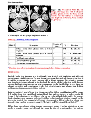 done to any patient.



                                                         Figure [11] Precontrast MRI T1, T2
                                                         images showing a case with focal cystic
                                                         pontine glioma. Notice the large mural
                                                         nodule. The 4th ventricle is compressed
                                                         and displaced posteriorly. Case number
                                                         17, group (3)

                                                          

                                                          



A summary on the five groups are present in table 5

Table [5] A summary on the five groups

                                                   Number of
GROUP                       Description                         %                    Duration *
                                                     cases
1         Diffuse brain stem glioma with a better 10         47.5                   1.2 YEARS
          prognosis
2         Diffuse brain stem glioma with a worse 4           19%                    4.3 MONTHS
          prognosis
3         Focal brain stem glioma                 4          19%                    1.7 YEARS
4         Cervicomedullary glioma                 2           9.5                   3.6 YEARS
5         ? Metastatic brain stem lesions         1          5%                       3 DAYS

* Duration here refers to duration of symptomatology before clinical presentation

DISCUSSION

Intrinsic brain stem tumours have traditionally been treated with irradiation and adjuvant
chemotherapy with little success. The neurological course may be transiently improved but then it
invariably progresses after a short remission with a dismal outcome. The advent of modern
neuroimaging techniques allowed us to visualized the interior of the brain stem and it became
obvious that brain stem tumours are heterogeneous and can be classified into groups based on
clinical, anatomical and neuroimaging results that when integrated can influence our decision
making regarding management of those patients.

In the present study most of brain stem gliomas were of the diffuse type (14 patients, 67%, groups
1, 2) and the brain stem was diffusely enlarged in all these patients, however in patient number 14
(group 2) the brain stem was not diffusely enlarged but rather diffusely infiltrated by the tumour.
Contrast enhancement separated patients with diffuse brain stem glioma into two groups from the
prognostic point of view (groups 1,2). Contrast enhancement in diffuse brain stem glioma, was
coupled with a very bad prognosis ( group 2). Albright et al, 1986, Luh and Roger Bird, 1999

Diffuse brain stem gliomas without contrast enhancement (group 1) had an indolent and a very
slowly progressive course and although the mean duration of symptomatology for patients
 