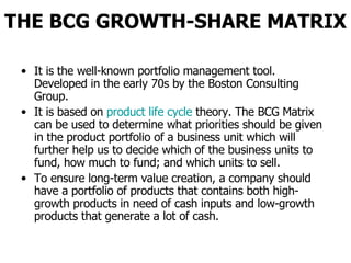 THE BCG GROWTH-SHARE MATRIX ,[object Object],[object Object],[object Object]