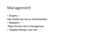 Management
• Surgery –
Has limited role due to critical location
• Radiation –
Plays the key role in management.
• Targeted therapy- new tool
 