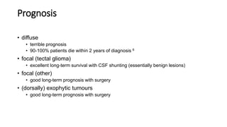 Prognosis
• diffuse
• terrible prognosis
• 90-100% patients die within 2 years of diagnosis 6
• focal (tectal glioma)
• excellent long-term survival with CSF shunting (essentially benign lesions)
• focal (other)
• good long-term prognosis with surgery
• (dorsally) exophytic tumours
• good long-term prognosis with surgery​
 