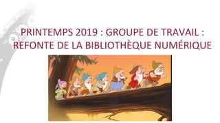 PRINTEMPS 2019 : GROUPE DE TRAVAIL :
REFONTE DE LA BIBLIOTHÈQUE NUMÉRIQUE
 